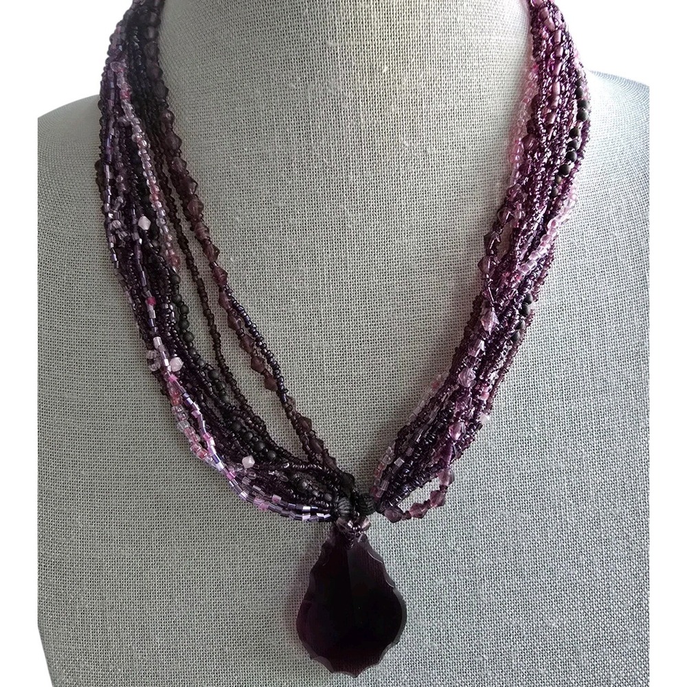 Purple Multi Strand Necklace Resin Pendant Beaded Statement Costume Jewelry Boho